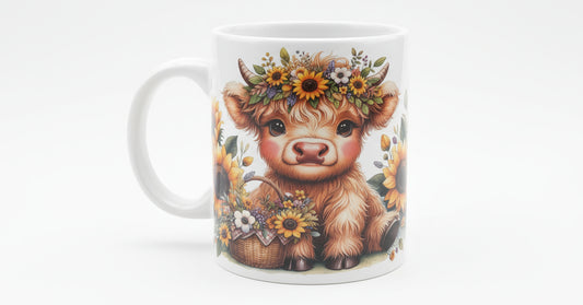 Highland cow with sunflowers