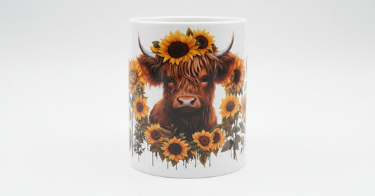 Highland cow with sunflowers