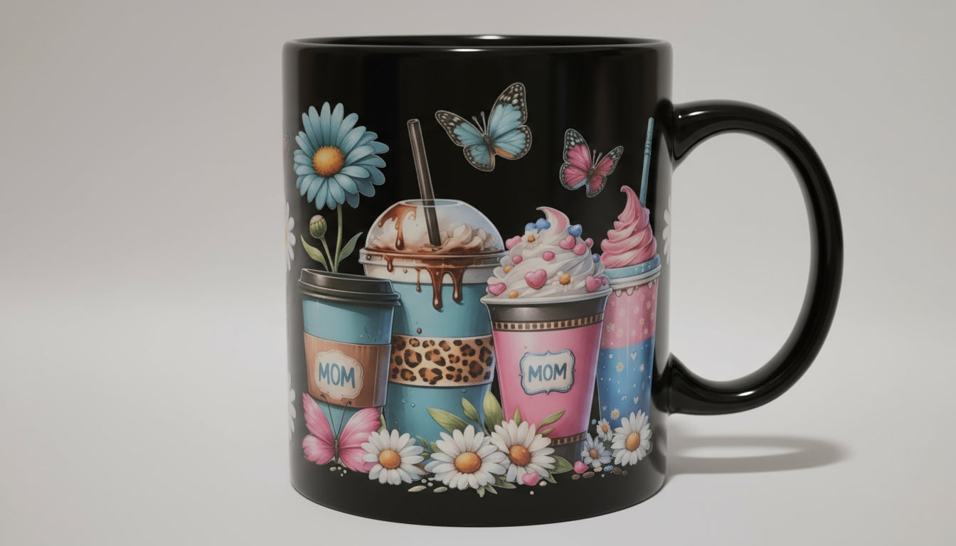 Mom WIth coffee cup and Flowers