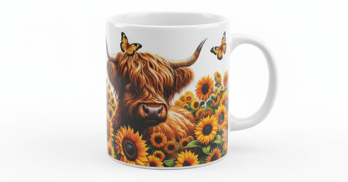 Highland cow with sunflowers
