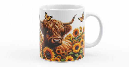 Highland cow with sunflowers