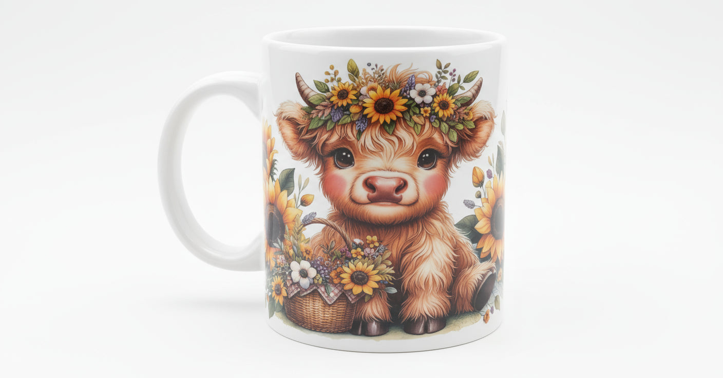 Highland cow with sunflowers