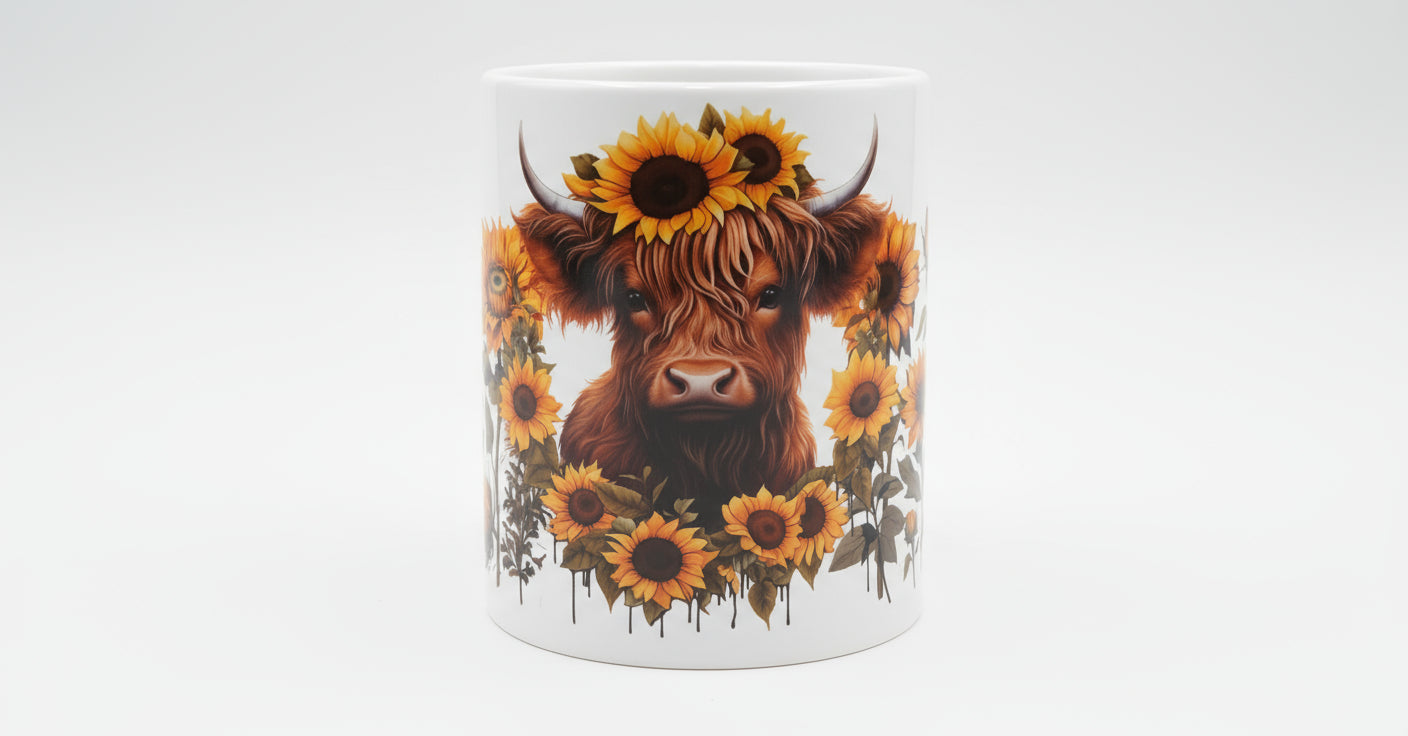 Highland cow with sunflowers